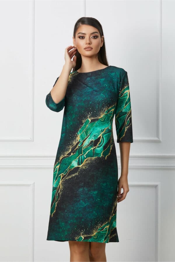 Rochie Natalia verde inchis cu imprimeu galben