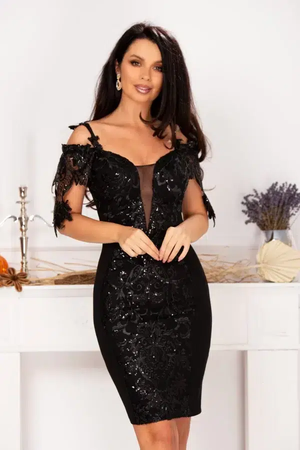 Rochie neagra pretioasa Melissa cu broderie si paiete