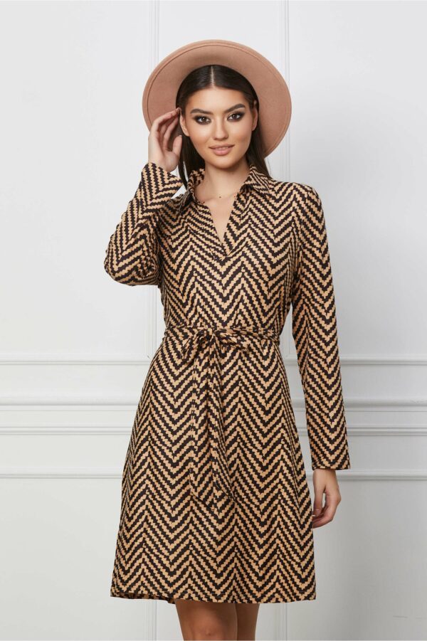 Rochie Rania bej cu imprimeuri negre si cordon in talie