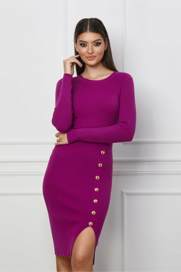Rochie Roxana magenta din tricot cu nasturi