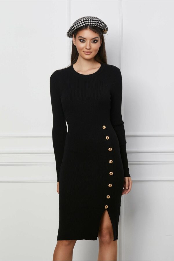 Rochie Roxana neagra din tricot cu nasturi