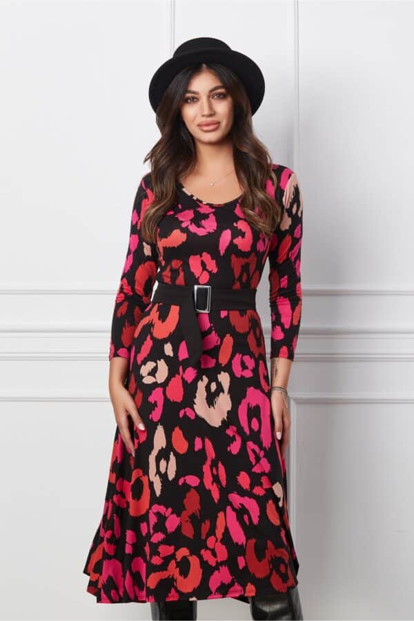 Rochie Sara neagra cu flori fucsia si cordon in talie