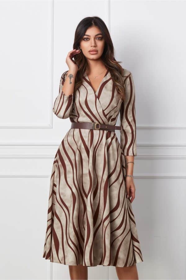 Rochie Sorina bej cu imprimeuri maro si curea in talie