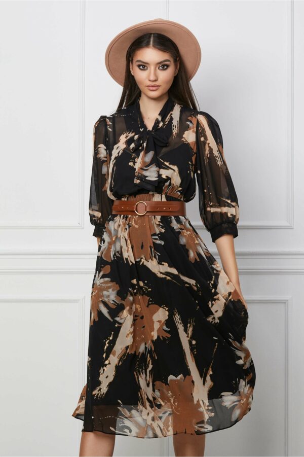Rochie Valeria neagra cu imprimeuri maro si curea in talie