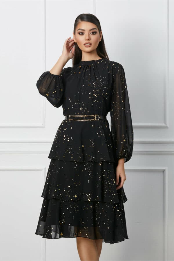 Rochie Vera neagra cu picatele aurii si curea in talie
