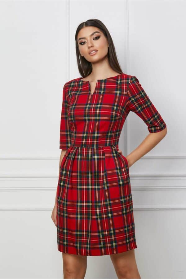 Rochie Vera rosie cu carouri verzi