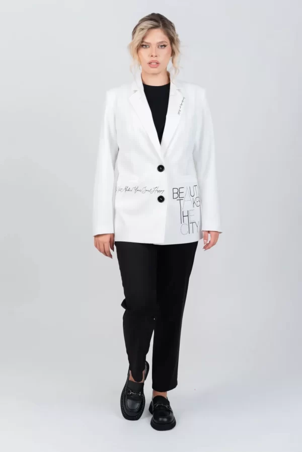 Sacou casual alb cu imprimeu si buzunare laterale functionale