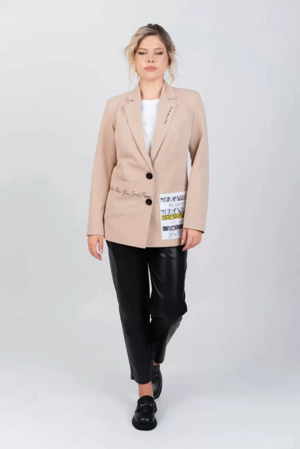 Sacou bej casual cu imprimeu si buzunare laterale