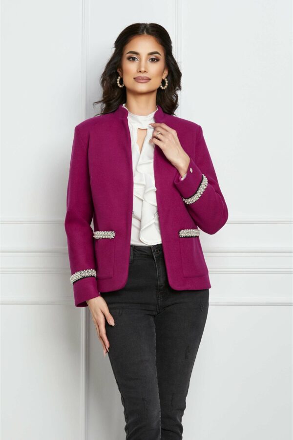 Sacou Dy Fashion fucsia cu perle la maneci si buzunare