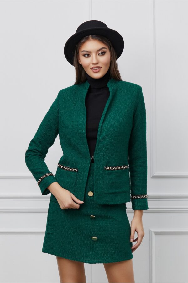 Sacou Dy Fashion verde din tweed cu aplicatii