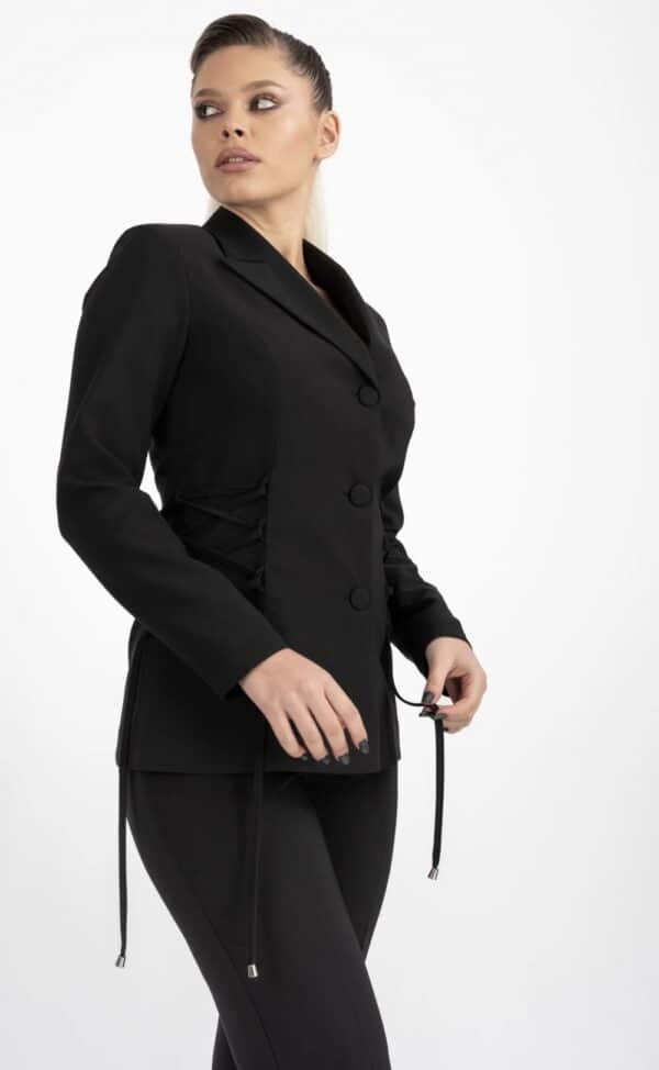 Sacou negru elegant cu snur la talie