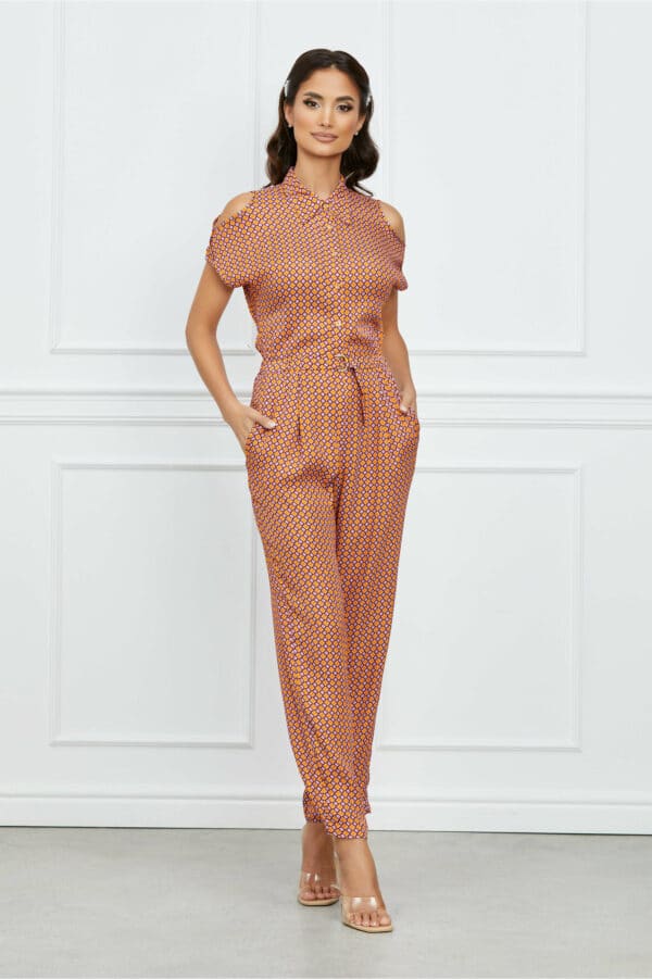 Salopeta Clarisa orange cu imprimeu lila