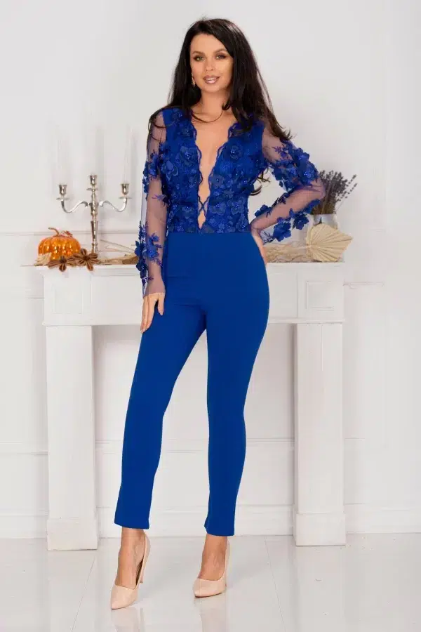 Salopeta de ocazie albastru royal Luana cambrata cu flori 3D