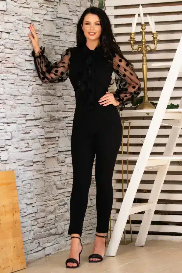 Salopeta eleganta neagra cu maneci din tulle cu buline maxi