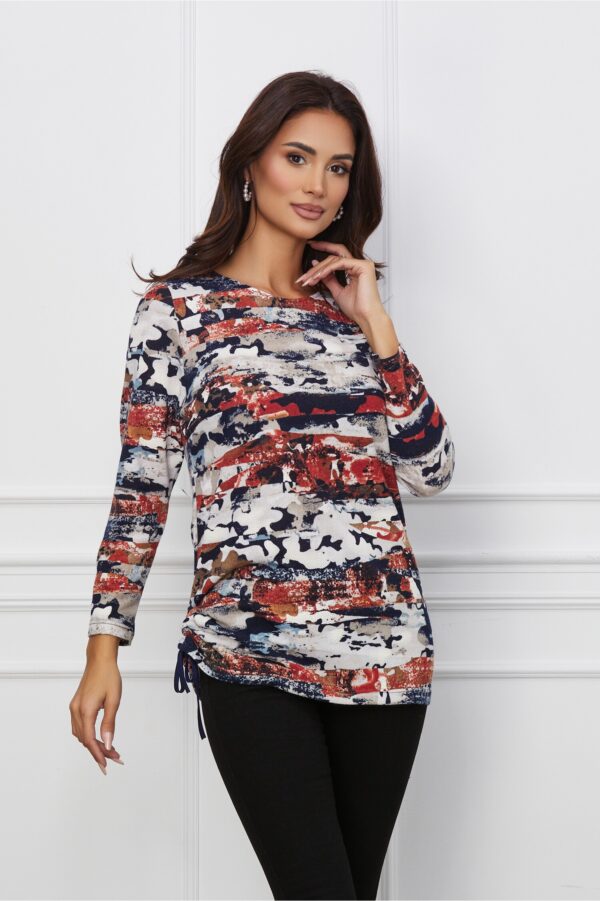 Bluza Dolores bleumarin cu imprimeuri bej si caramizii