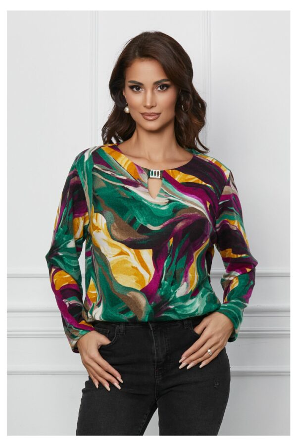 Bluza Miruna verde cu imprimeu mov