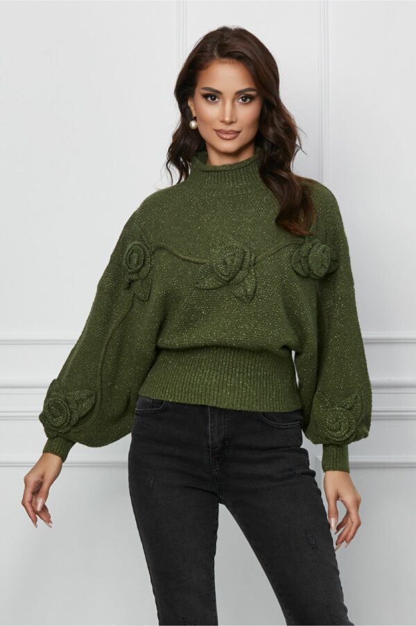 Bluza Sara kaki cu fir lurex si trandafir