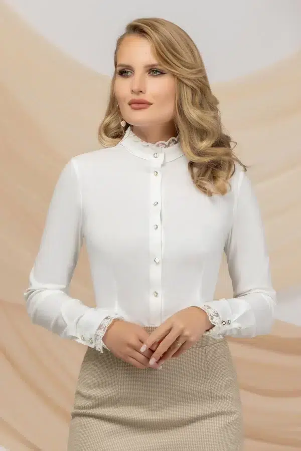 Camasa ecru Pretty Girl din poplin cu detalii din dantela fina
