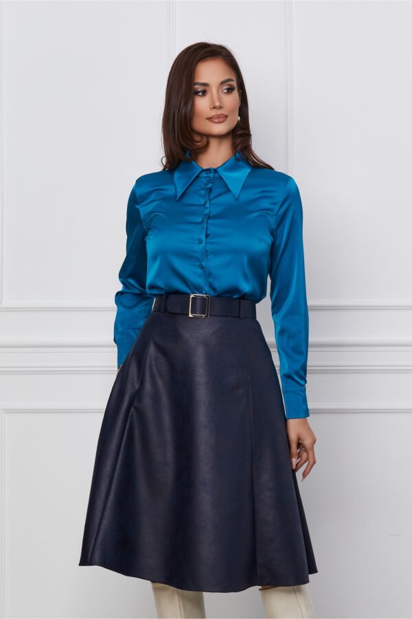 Fusta Dy Fashion clos bleumarin din piele intoarsa ecologica cu o curea in talie