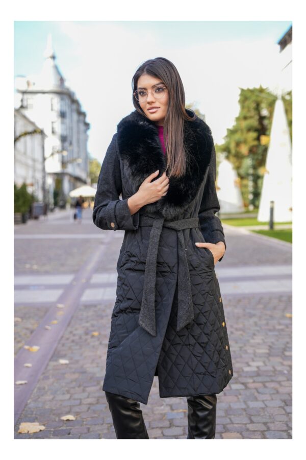 Palton Daria negru din fas matlasat cu guler din blana si cordon in talie