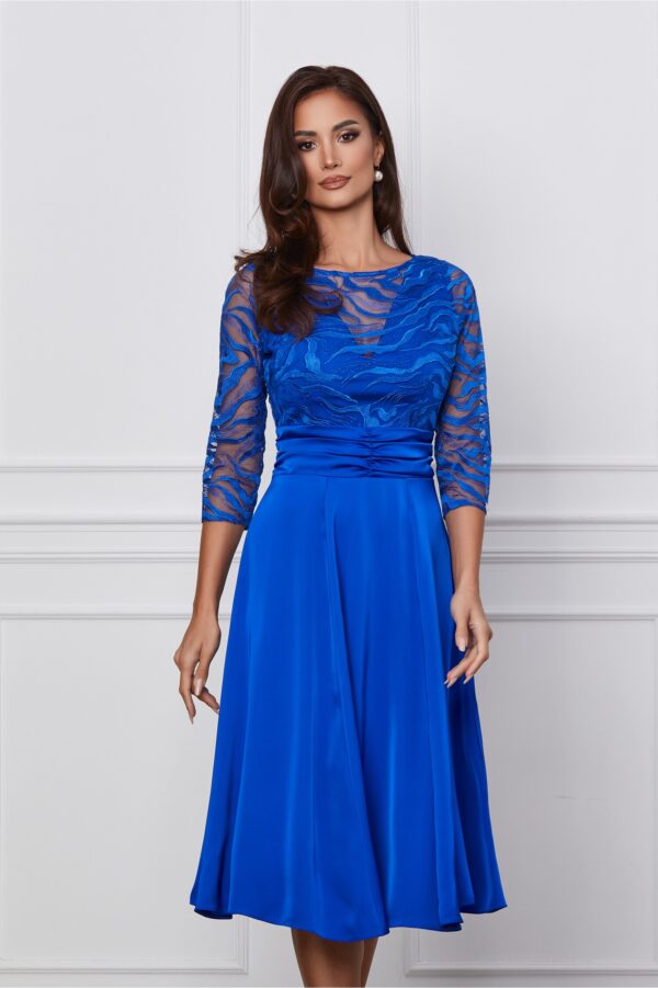 Rochie Dy Fashion albastra din satin cu bust din dantela