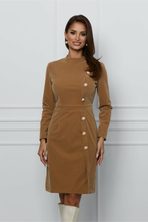 Rochie Dy Fashion bej din catifea cu nasturi pe lateral