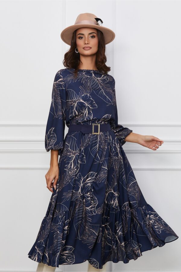 Rochie Dy Fashion bleumarin cu imprimeuri bej si curea in talie