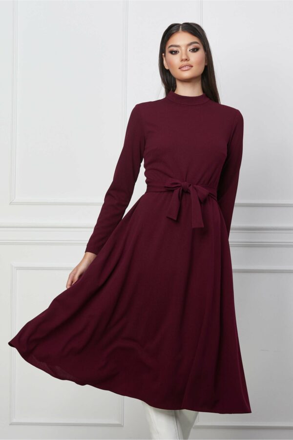 Rochie Dy Fashion bordo midi clos cu cordon in talie