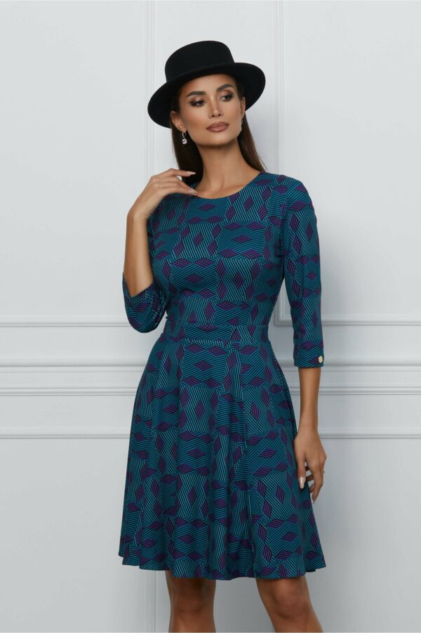 Rochie Dy Fashion clos turcoaz cu imprimeuri albastre