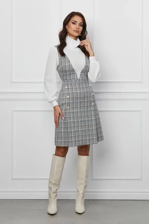 Rochie Dy Fashion gri cu carouri tip sarafan