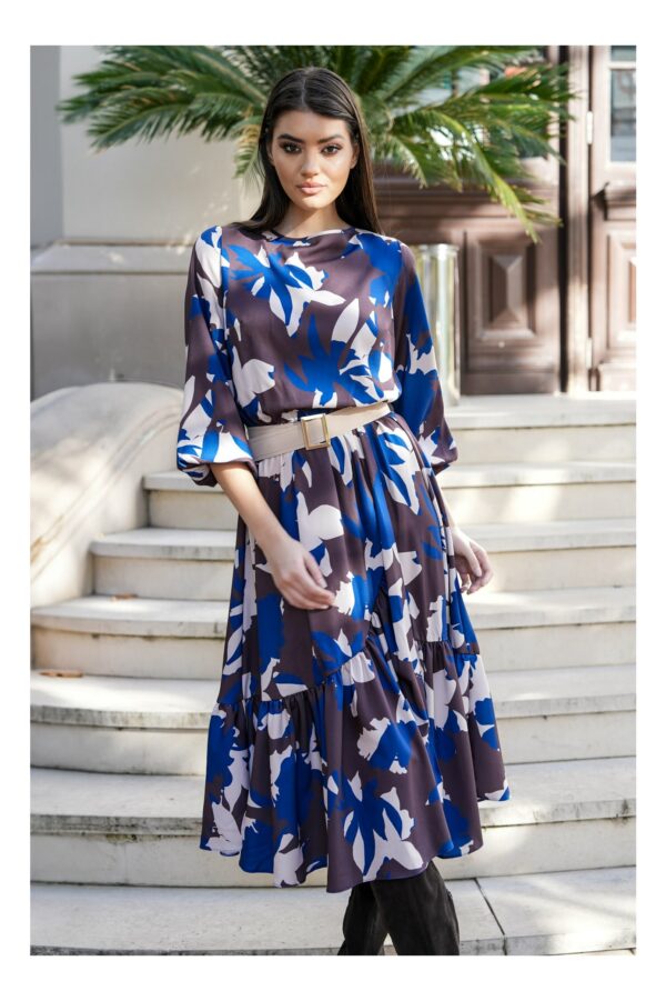 Rochie Dy Fashion gri cu imprimeuri albastre si curea in talie