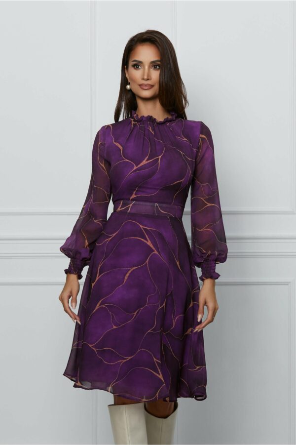 Rochie Dy Fashion mov din voal cu imprimeuri maro