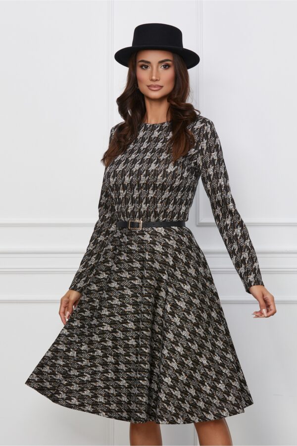Rochie Dy Fashion neagra din jerse cu imprimeu pepit si curea in talie
