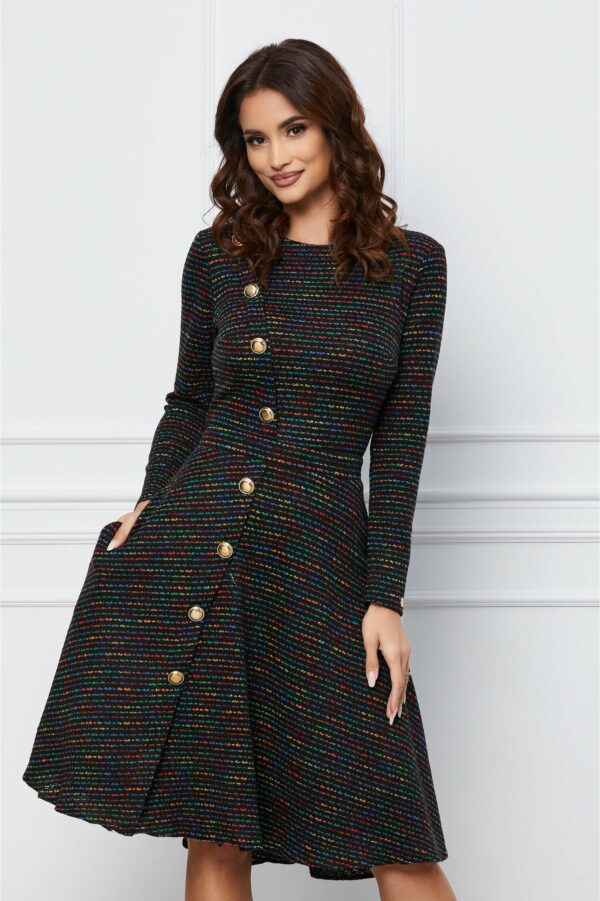 Rochie Dy Fashion neagra din tweed cu nasturi decorativi