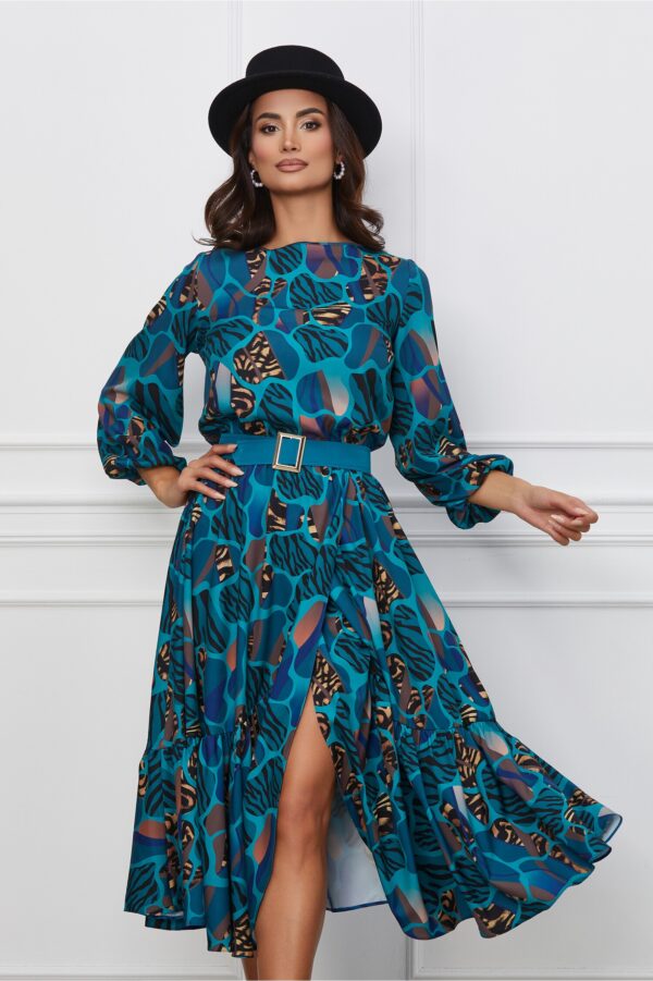 Rochie Dy Fashion turcoaz cu imprimeuri bej si curea in talie