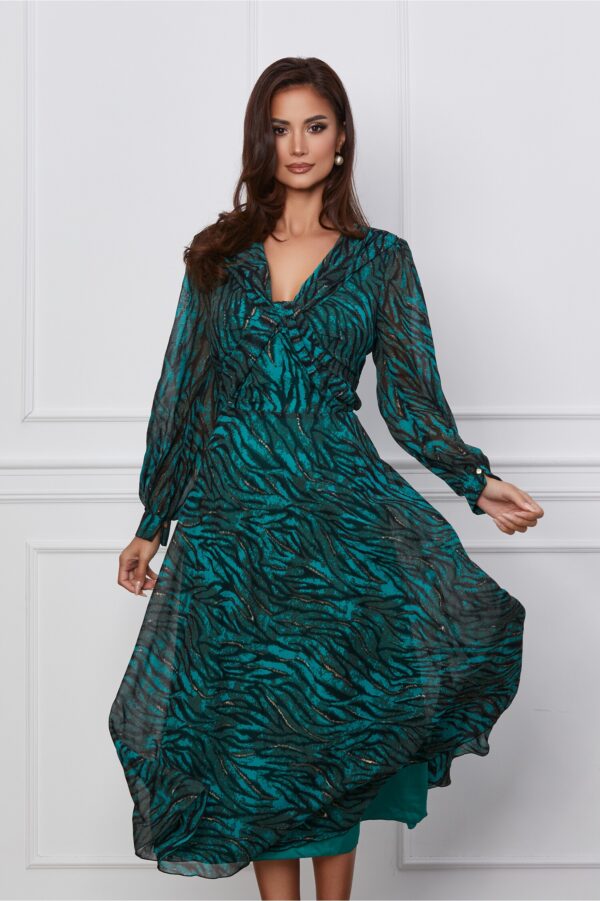 Rochie Leonard Collection turcoaz cu imprimeuri negre