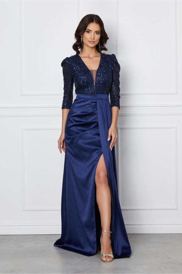 Rochie MBG lunga bleumarin din tafta cu paiete la bust si crepeu maxi