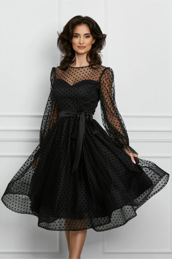 Rochie MBG neagra din tull cu buline catifelate si cordon satinat in talie