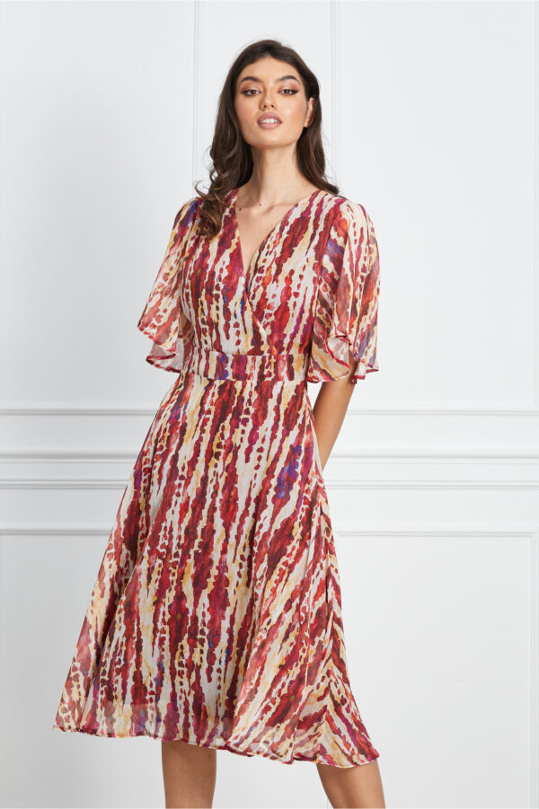 Rochie Teresa bej cu imprimeu rosu