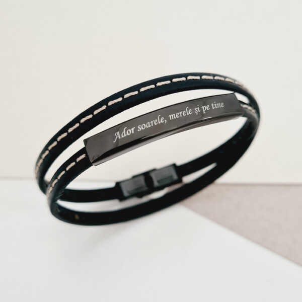 Bratara barbateasca cu element dreptunghiular din Inox negru – Piele în 2 straturi și închizatoare tip clips