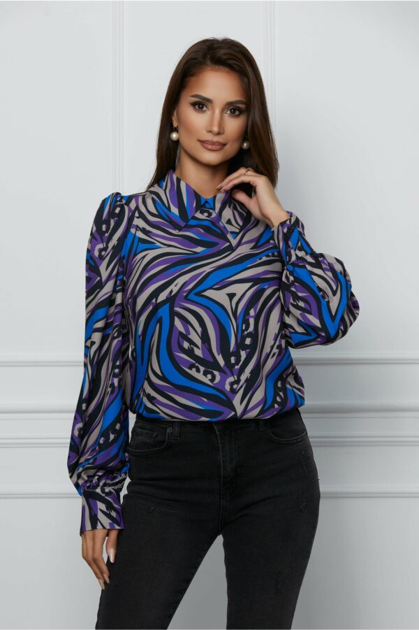Camasa Dy Fashion gri din voal cu imprimeu albastru
