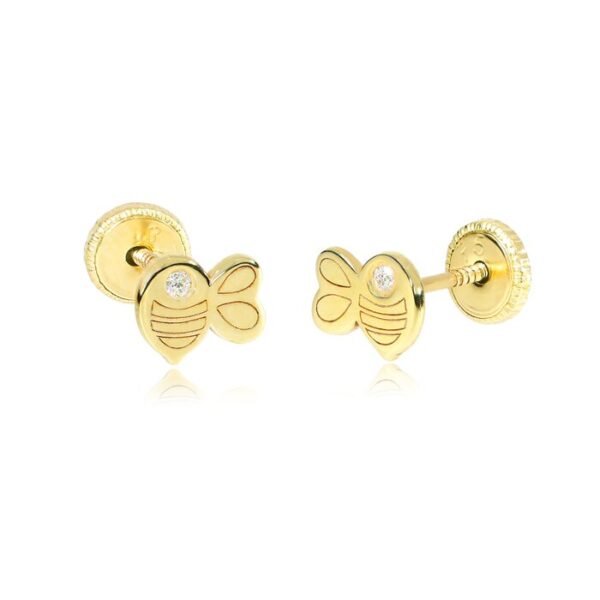 Cercei bebe/fetite cu Diamant natural alb – Model albinute – Aur Galben 9K – Inchizatoare sigura si confortabila cu filet