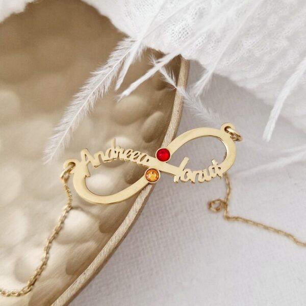 Lantisor Etern – Infint cu 2 nume decupate si cristale Swarovski – Argint 925 placat cu Aur Galben 18K