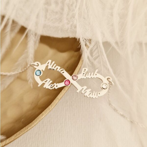 Lantisor Etern – Infint cu 4 nume decupate si cristale Swarovski – Argint 925