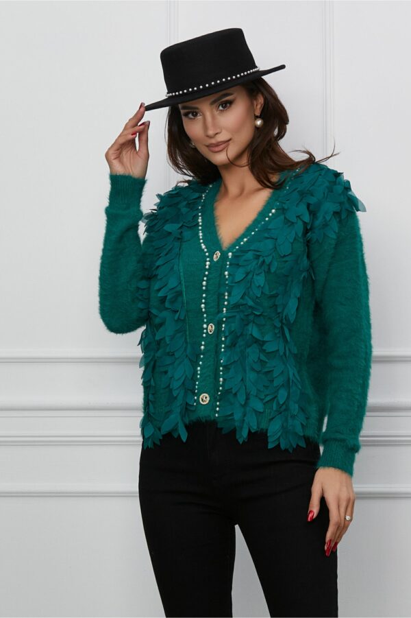 Pulover Arina verde petrol din tricot pufos cu perlute si aplicatii 3D