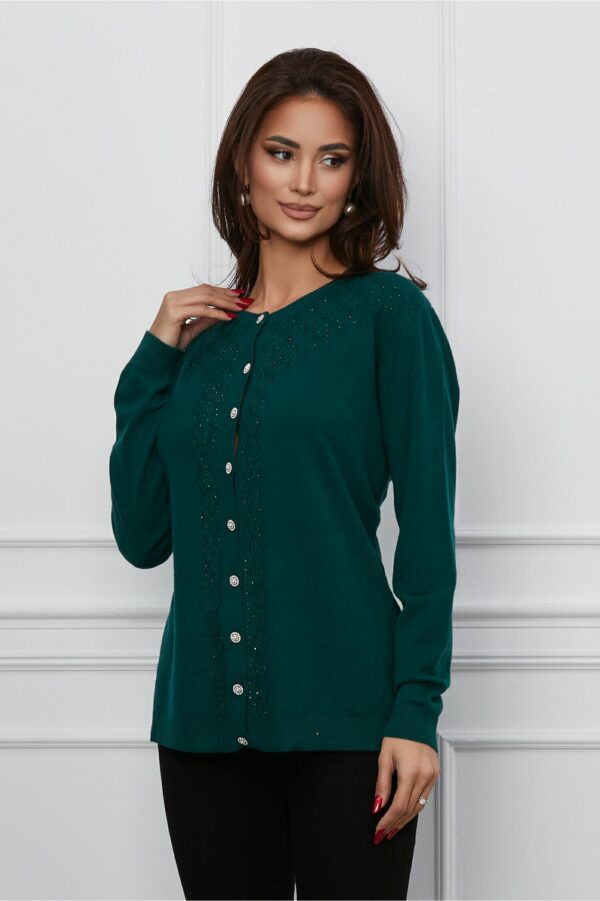 Pulover Corina verde inchis cu strasuri si nasturi stralucitori