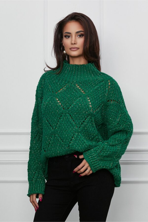 Pulover Valeria verde din tricot cu insertii din fir lurex auriu