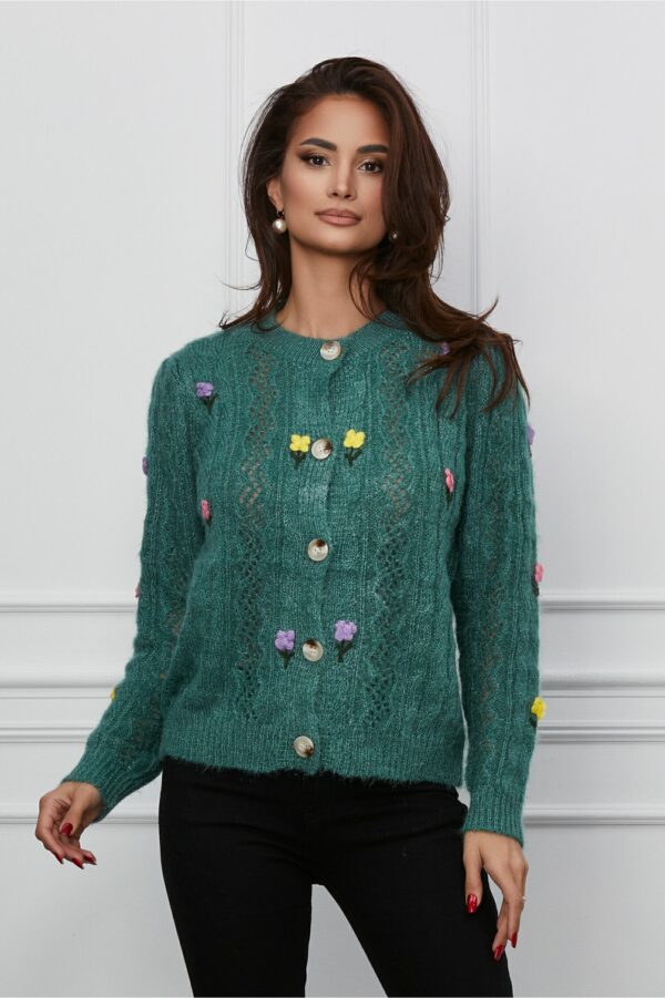 Pulover Vera verde cu flori colorate