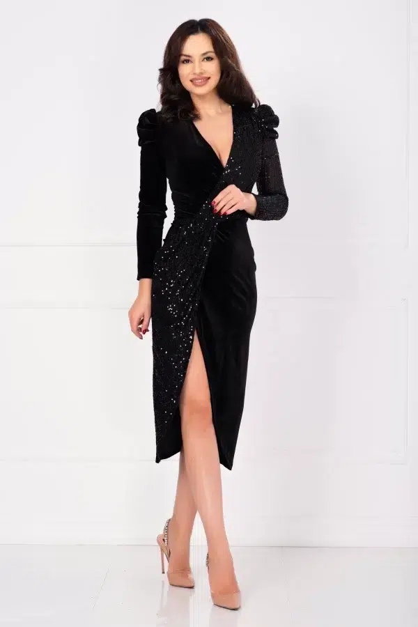 Rochie de seara din catifea cu paiete negre Rosemary petrecuta