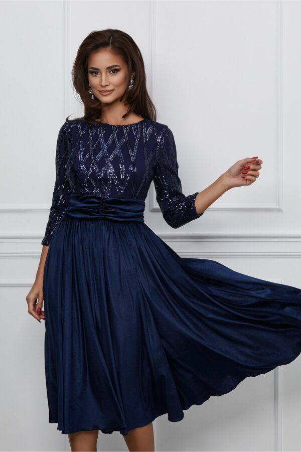 Rochie Dy Fashion bleumarin din catifea cu bust din paiete